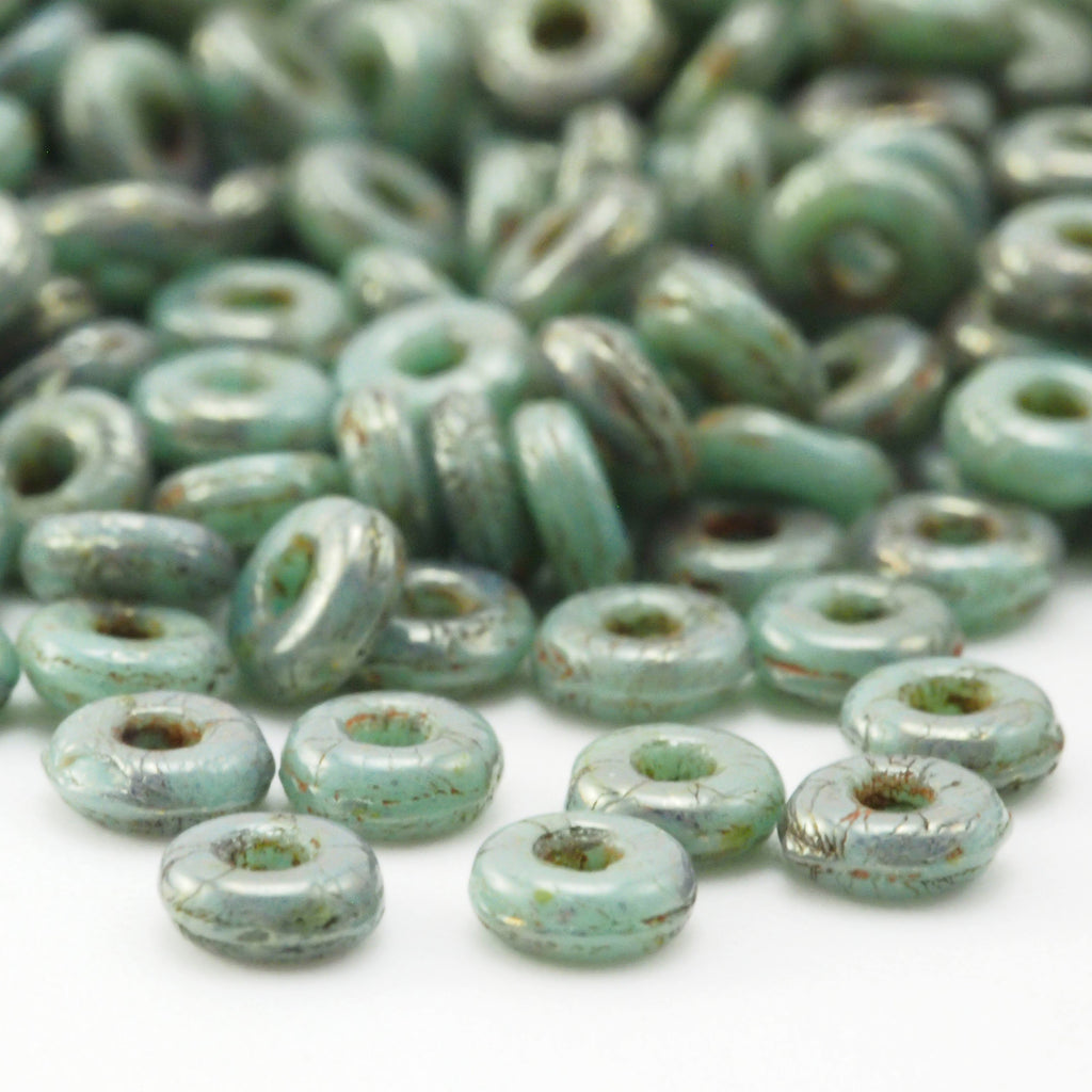 4.4 Grams - 1mm x 4mm Turquoise Picasso Bronze O Czech Beads, Ring Beads - 100% Guarantee
