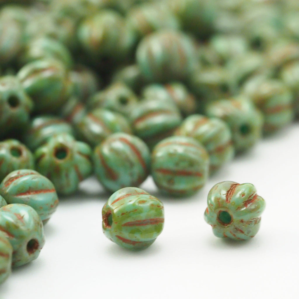 30 - 5mm Turquoise Picasso Melon Beads - Corrugated Czech Glass Rounds