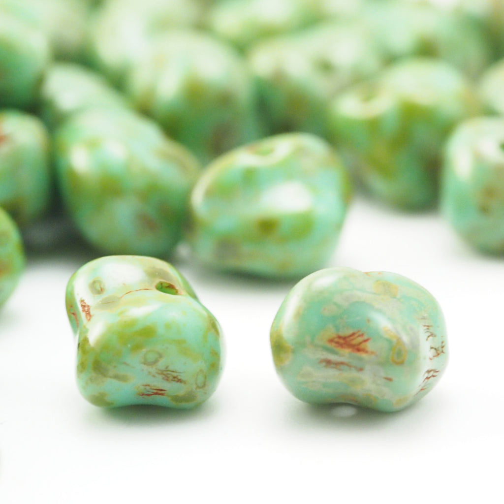 15 - 6mm X 8mm Nuggets - Opaque Turquoise Picasso Beads - Czech Glass - 100% Guarantee