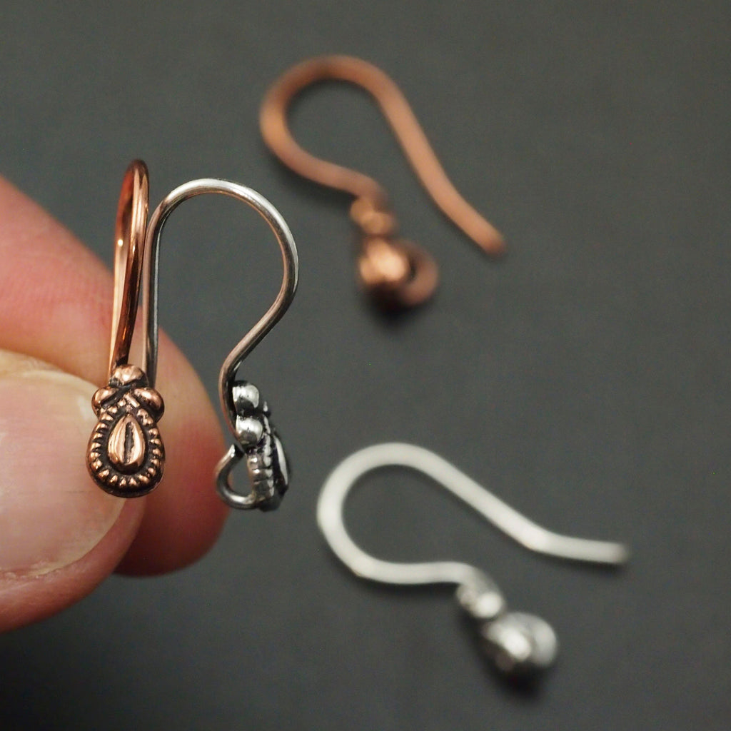 4 pairs - Ear Wires in 18 gauge with Fancy Teardrop - Antique Copper or Antique Silver Plated - 100% Guarantee