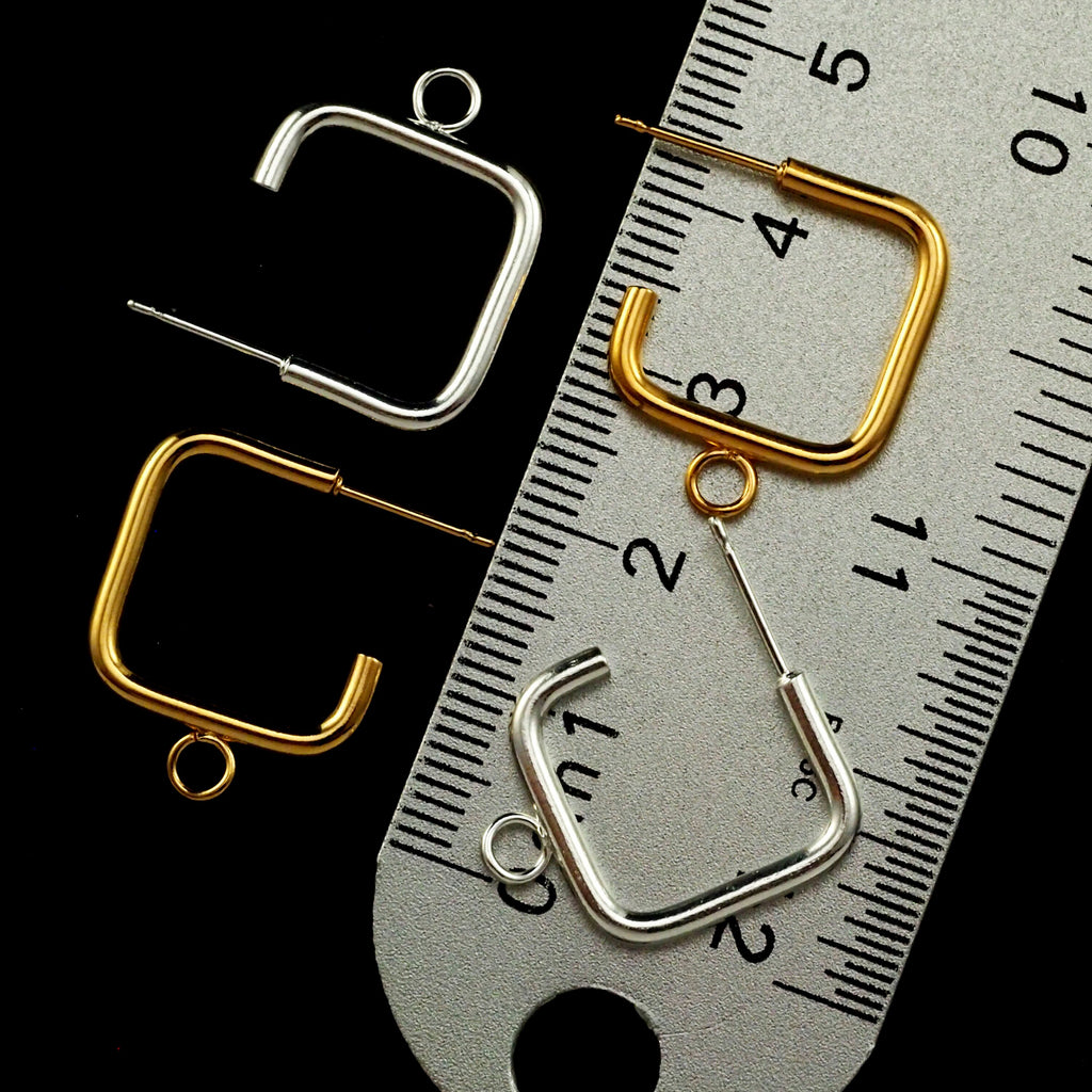 2 Pairs Retro Hybrid Stud Hoops - Open Squares with Closed Loops in Silver Plate and Gold Plate 17mm