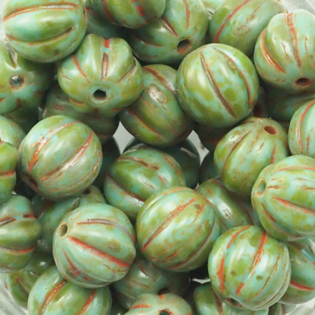 15 - 8mm Turquoise Picasso Melon Beads - Corrugated Czech Glass Rounds - 100% Guarantee