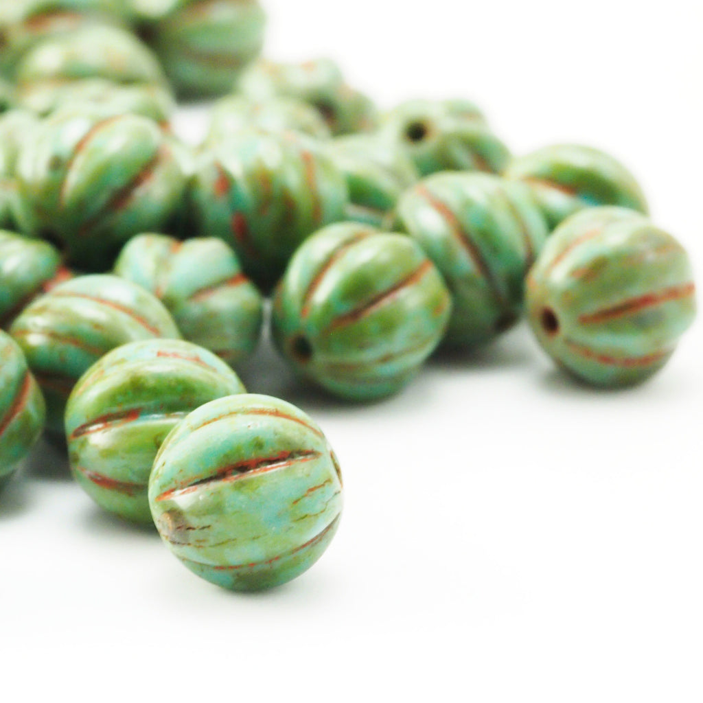 15 - 8mm Turquoise Picasso Melon Beads - Corrugated Czech Glass Rounds - 100% Guarantee