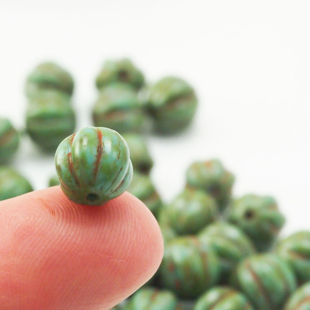 15 - 8mm Turquoise Picasso Melon Beads - Corrugated Czech Glass Rounds - 100% Guarantee