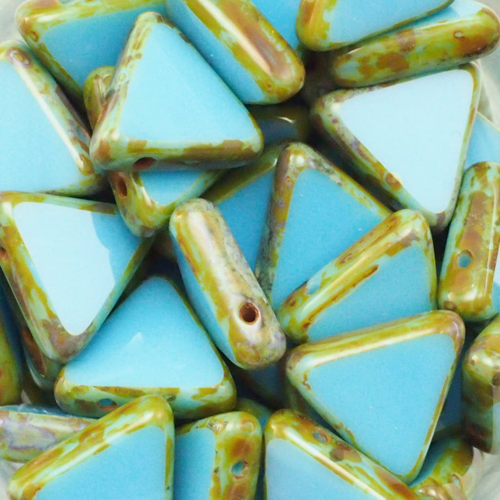15 - 12mm Polished Drop Triangles - Opaque Light Blue Picasso Beads - Czech Glass -100% Guarantee
