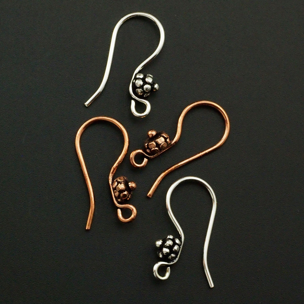 4 pairs - Ear Wires in 18 gauge with Flower - Antique Copper or Antique Silver Plated - 100% Guarantee