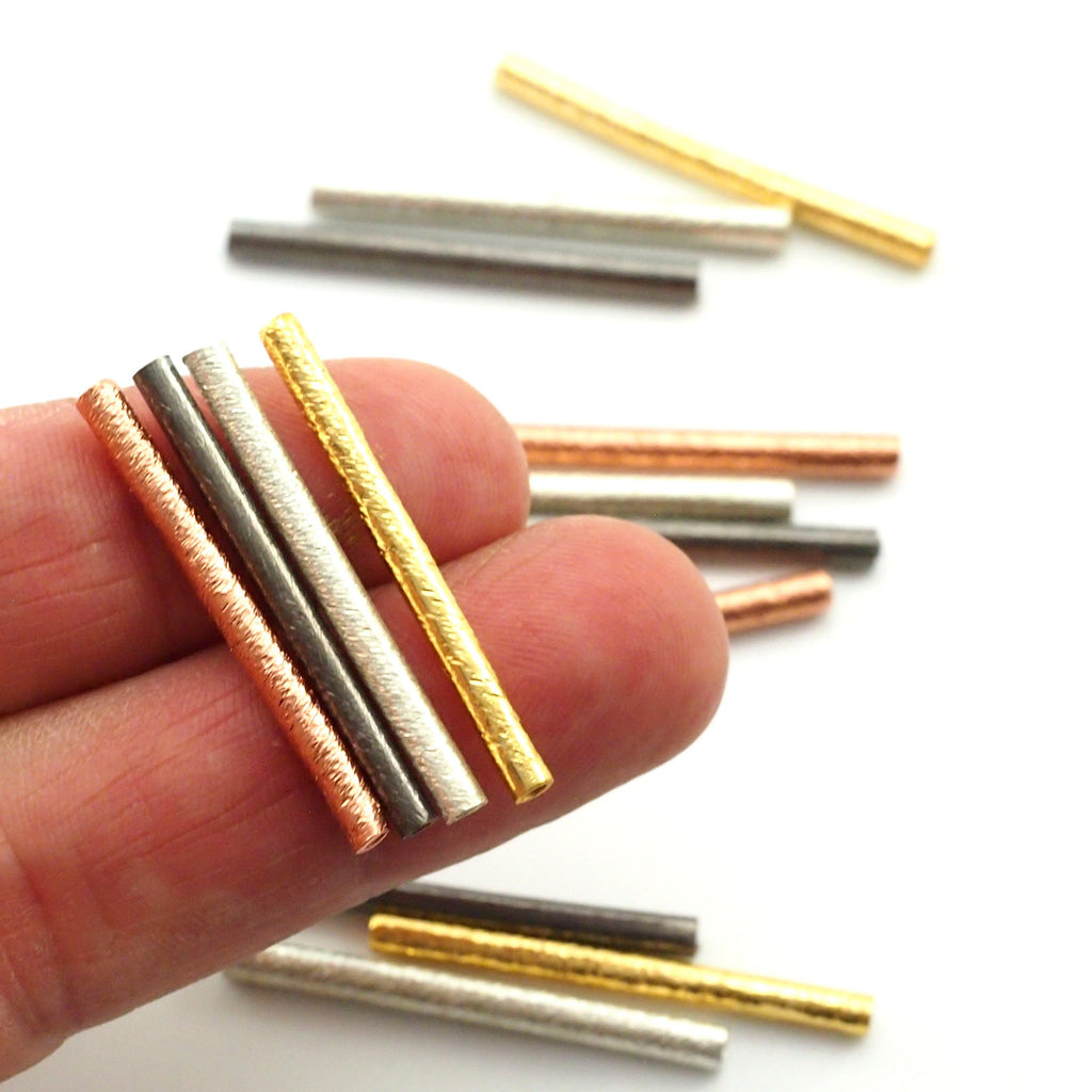 4 Long Textured Tube Beads - Copper, Silver, Gold and Gunmetal - 30mm X 2.5mm