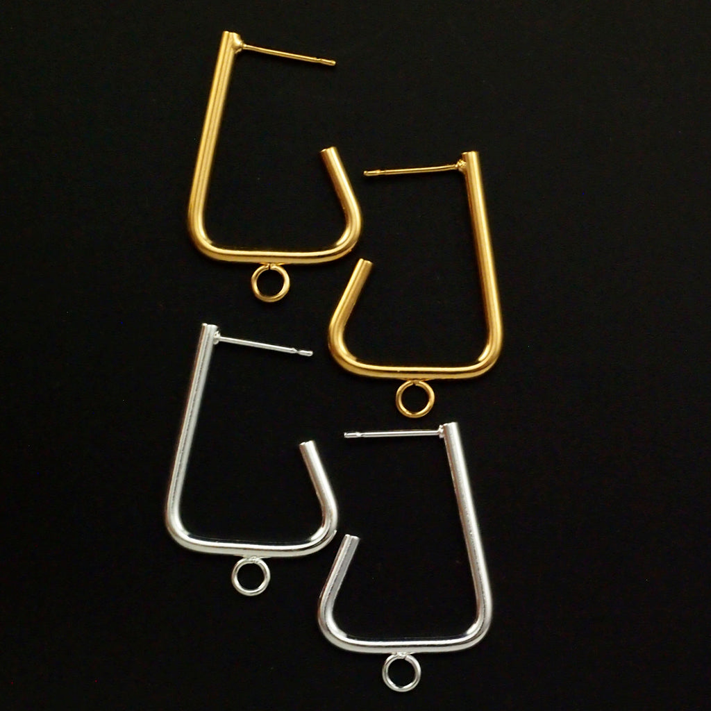 2 Pairs Retro Hybrid Stud Hoops - Open Triangles with Closed Loops in Silver Plate and Gold Plate 24mm X 18mm