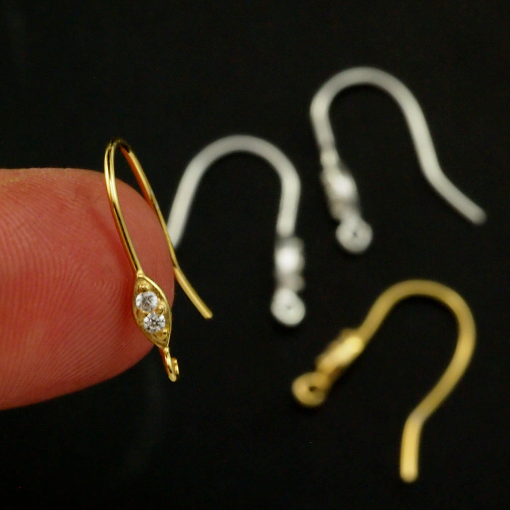 2 Pairs Sterling Silver Sparkle Ear Wires with CZ - 21 gauge - Also in Gold Finish