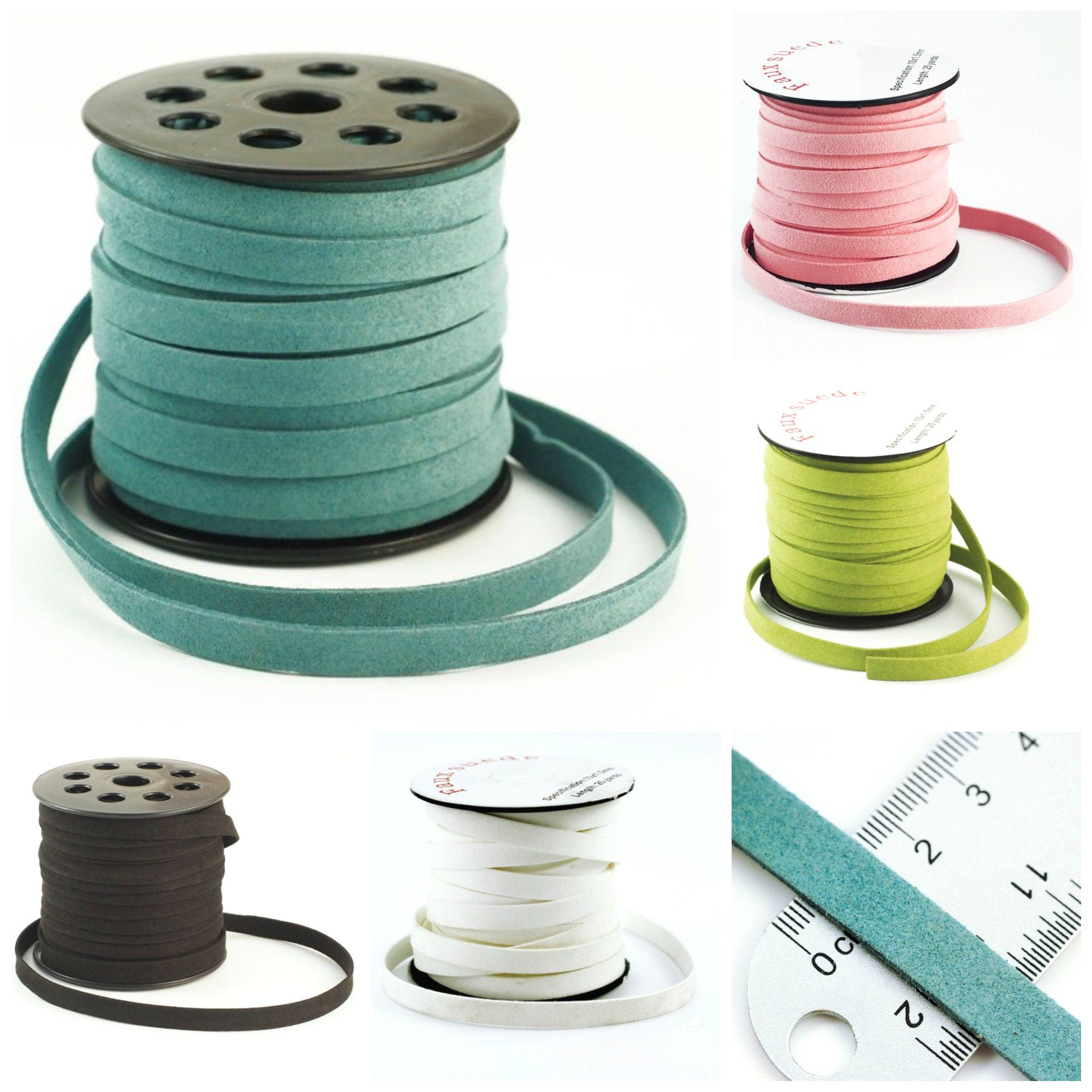 10mm Flat Faux Suede Cord By The Yard or Spool in Jet Black, White, Teal Blue, Rose Pink or Lime Green