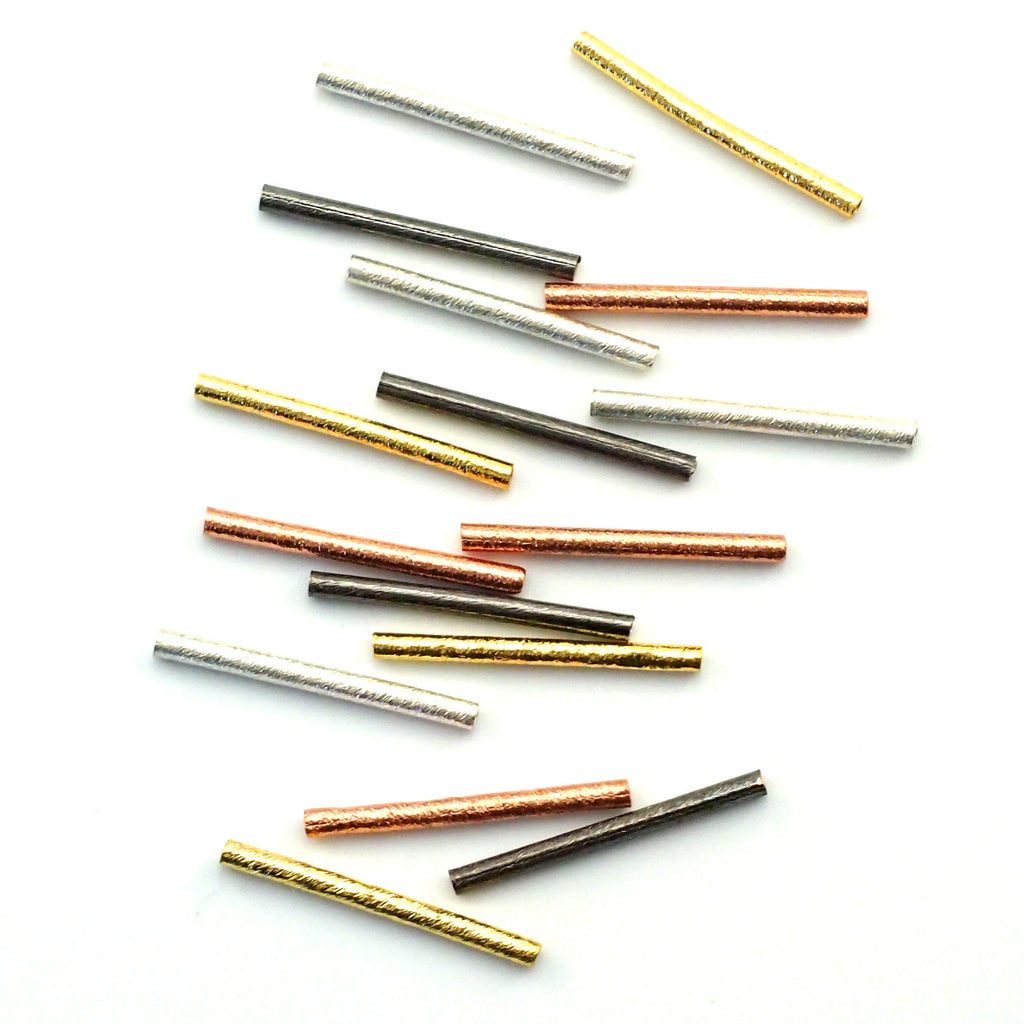 4 Long Textured Tube Beads - Copper, Silver, Gold and Gunmetal - 30mm X 2.5mm