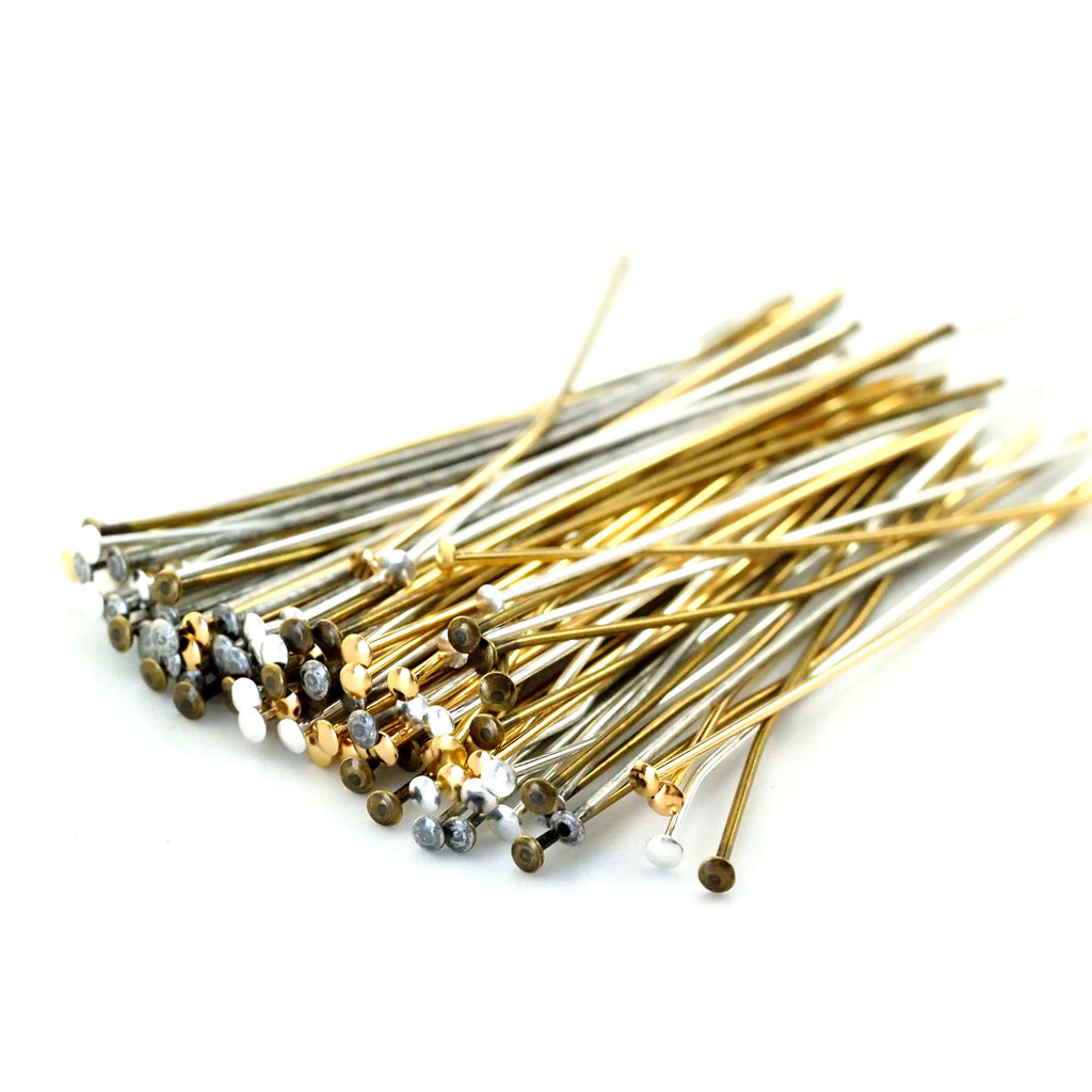 100 Flat Head Pins - Silver, Gold, Antique Silver, Antique Gold, Gunmetal, Rose Gold - 21 gauge, 2mm Head or 24 gauge, 1.3mm Head