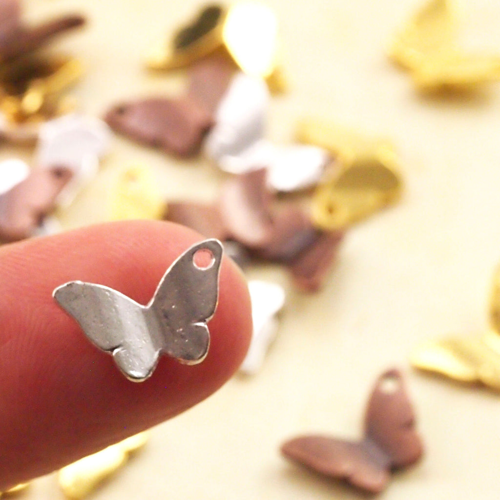 9 - Fly Away Butterfly Charms 12mm in Antique Copper, Gold and Silver Plated Pewter
