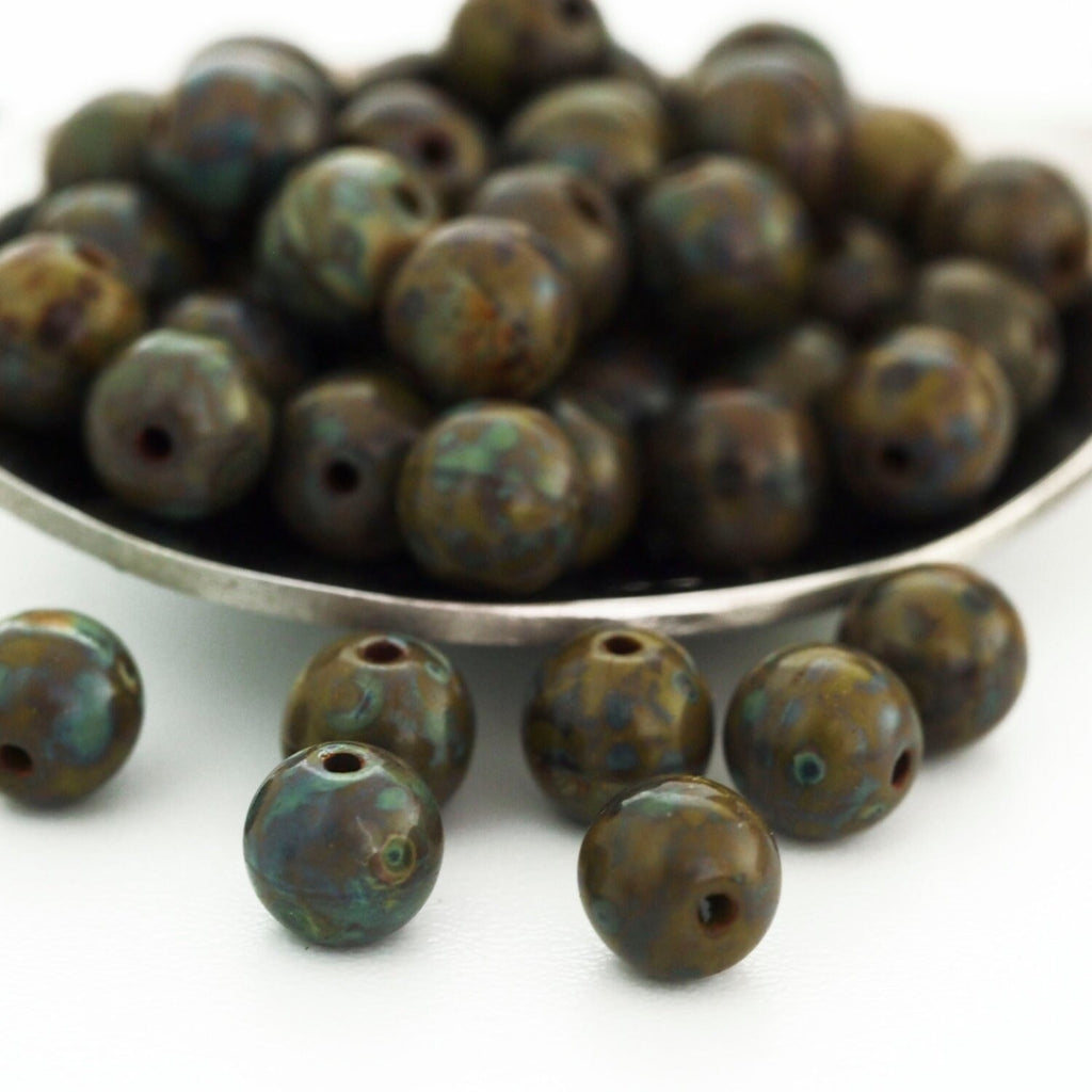 40 - 6mm Round Picasso Opaque Olive Czech Beads - 100% Guarantee