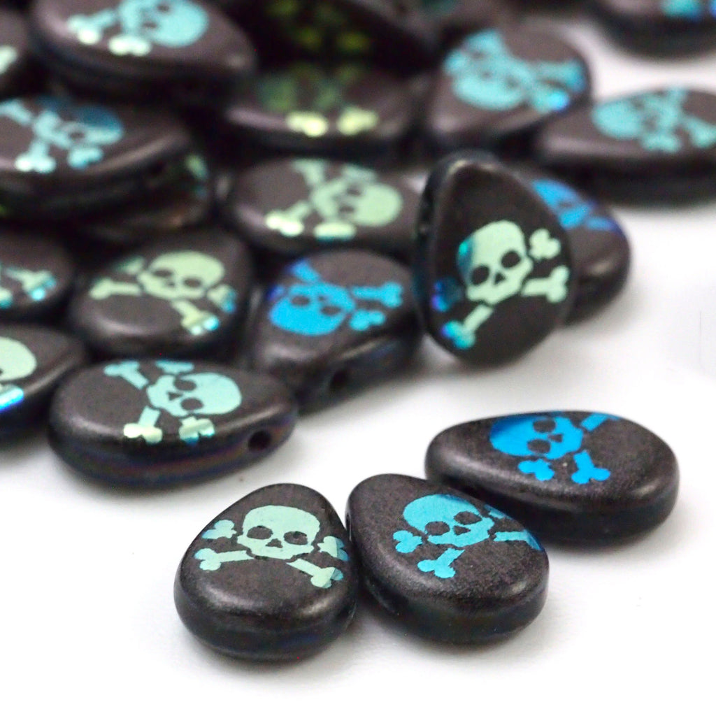 10 Skull and Cross Bones Laser Jet Teardrop Beads - Czech Pressed Glass - 100% Guarantee