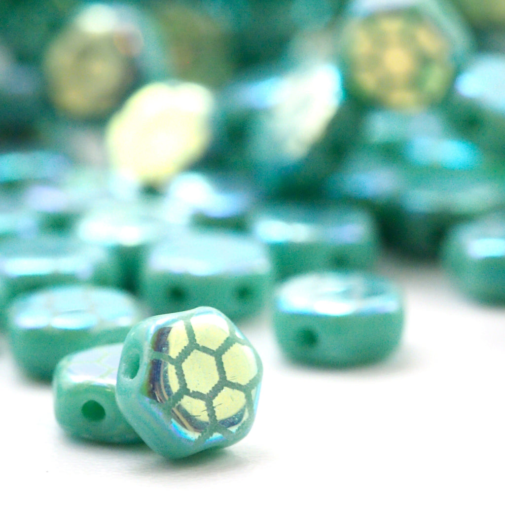 20 Green Turquoise 6mm Honeycomb Beads with Honeycomb Core Laser Pattern - Czech Pressed Glass - Clearance Sale