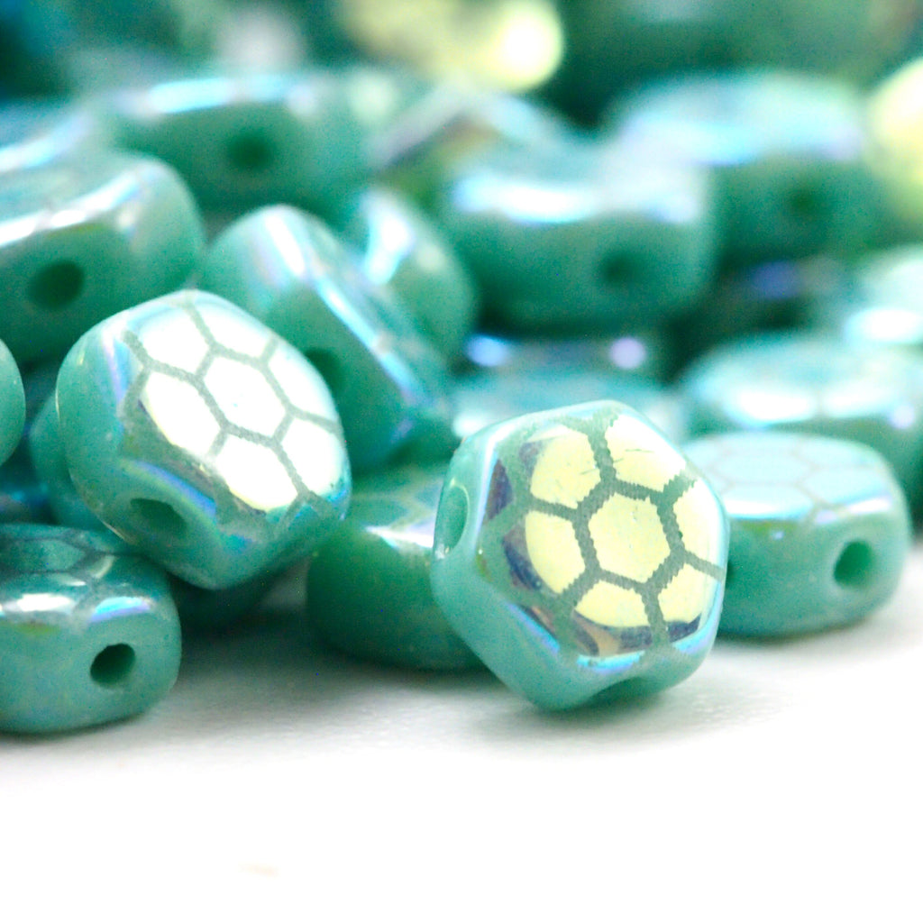 20 Green Turquoise 6mm Honeycomb Beads with Honeycomb Core Laser Pattern - Czech Pressed Glass - Clearance Sale