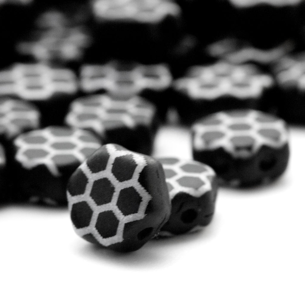 10 Black and White 6mm Honeycomb Beads with Honeycomb Core Laser Pattern - Czech Pressed Glass - 100% Guarantee