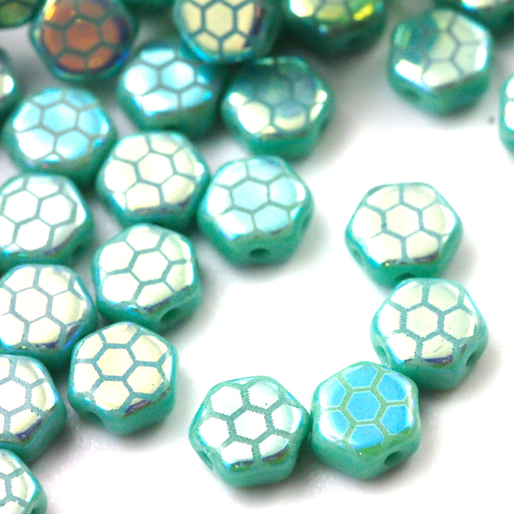 20 Green Turquoise 6mm Honeycomb Beads with Honeycomb Core Laser Pattern - Czech Pressed Glass - Clearance Sale