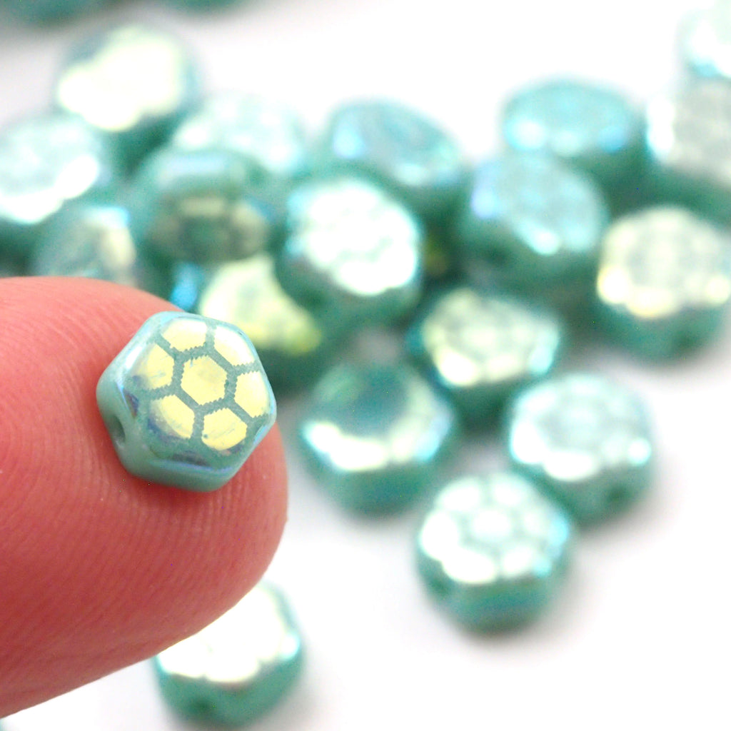 20 Green Turquoise 6mm Honeycomb Beads with Honeycomb Core Laser Pattern - Czech Pressed Glass - Clearance Sale
