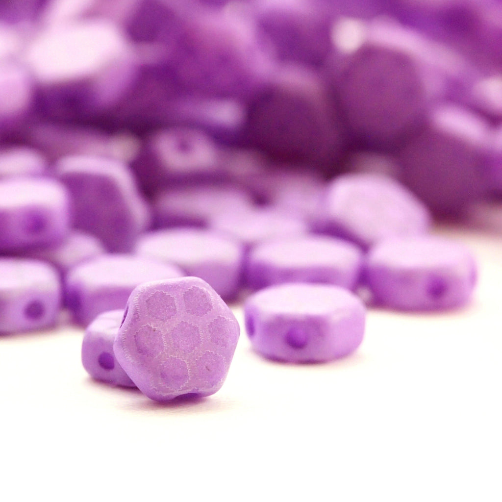 35 Silk Violet 6mm Honeycomb Beads with Honeycomb Core Laser Pattern - Czech Pressed Glass - Clearance Sale