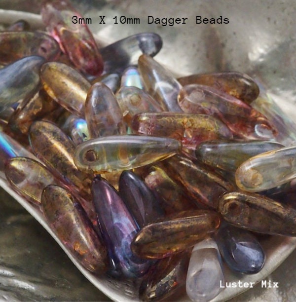 25 Dagger Beads 3mm X 10mm in Luster Mix or 13 Other Colors Czech Glass