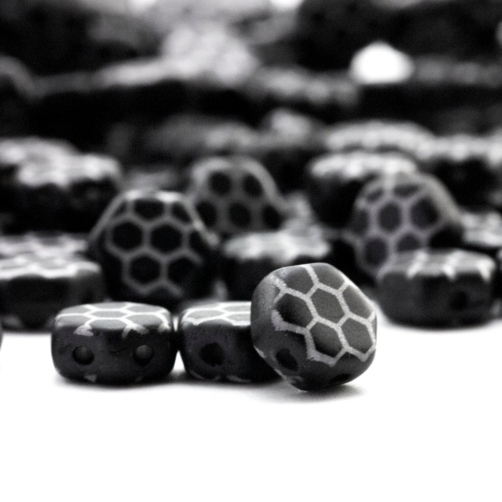 10 Black and White 6mm Honeycomb Beads with Honeycomb Core Laser Pattern - Czech Pressed Glass - 100% Guarantee