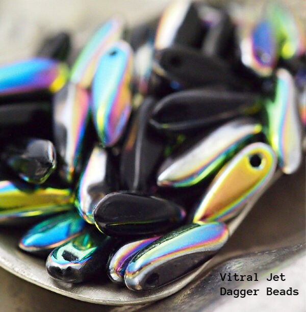 25 Dagger Beads 3mm X 10mm in Vitral Jet, Iris Green, Medium Topaz, Pearl Fuchsia, Ruby, Twilight Jet Czech Pressed Glass