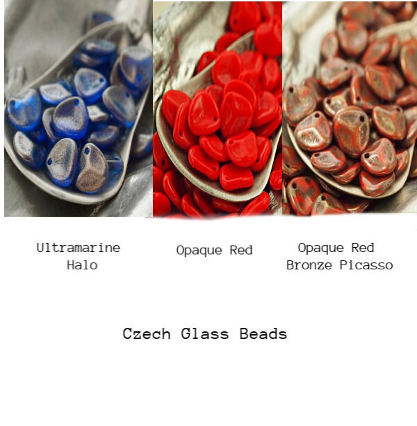 25 Czech Glass Rose Petal Beads 8mm X 7mm in Turquoise Picasso, Red, Yellow, Hematite, Ultramarine Halo, Milky Peridot Plus Others
