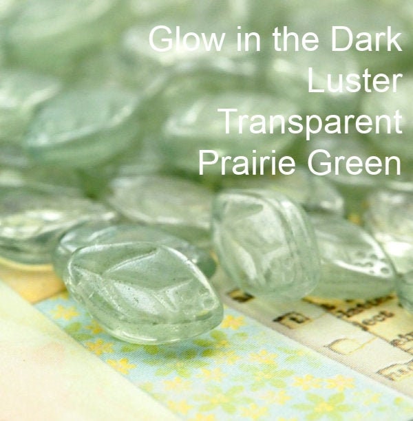 20 Czech Leaf Beads - 12mm X 7mm - Glow in the Dark  Luster Transparent Prarie Green