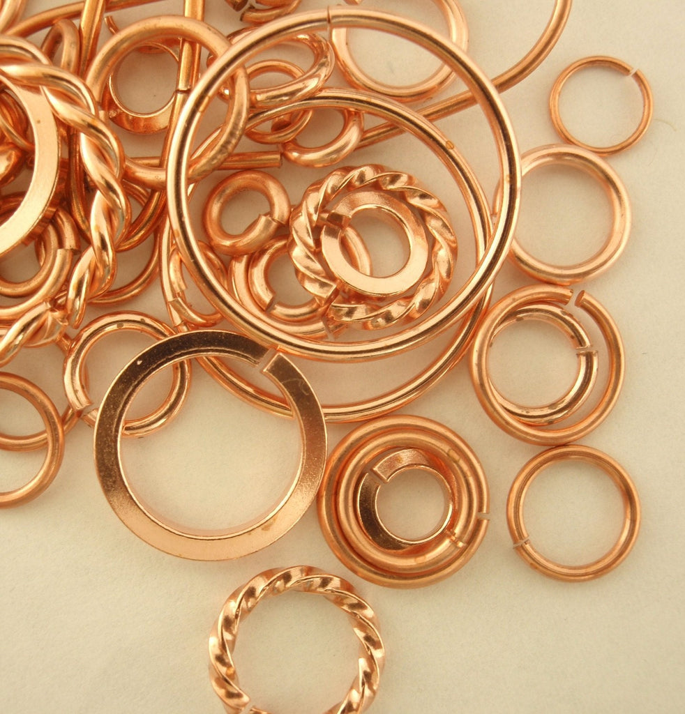 Deluxe Sample Pack 100 Solid Copper Jump Rings - Fancy, Square and Round - Great Selection of Sizes and Gauges