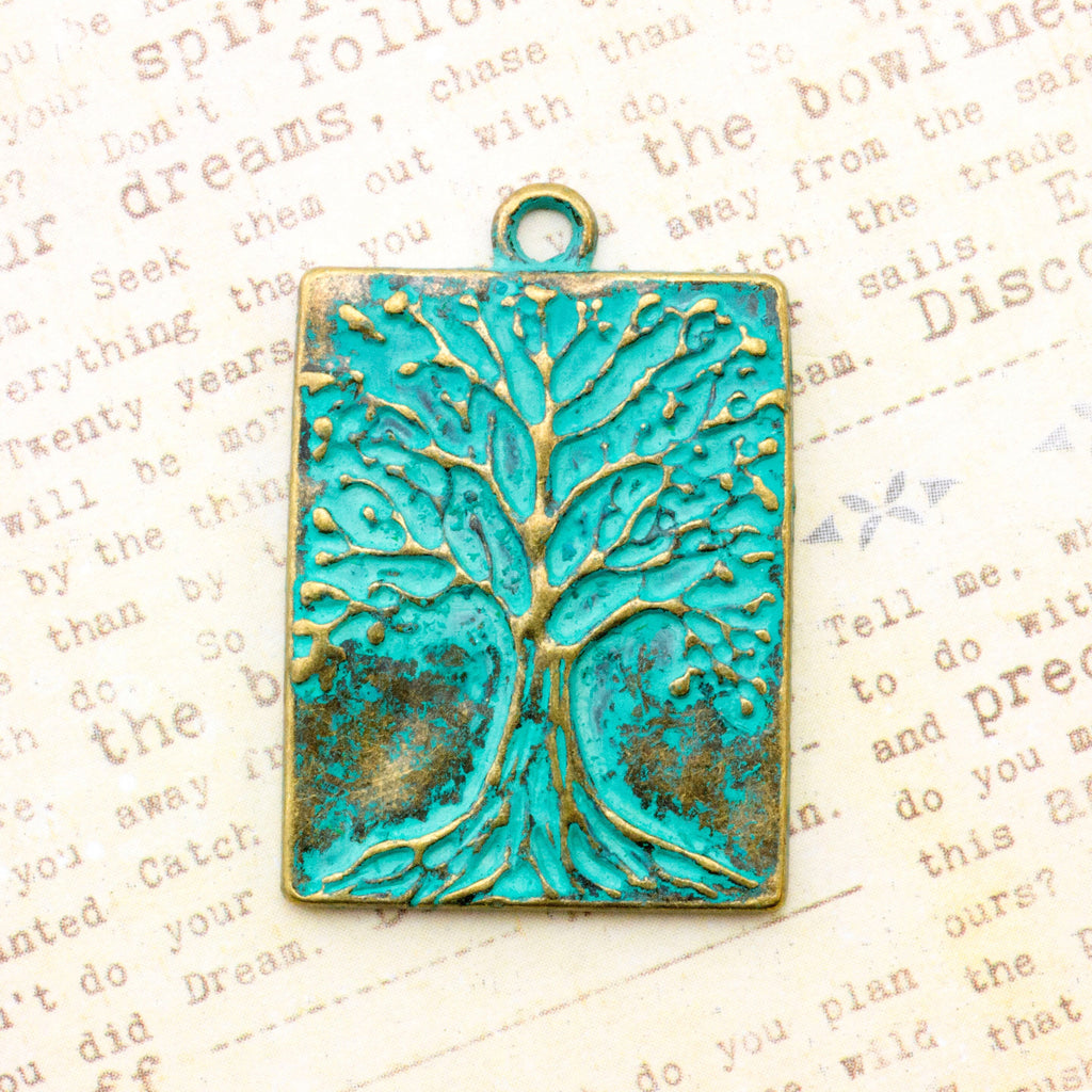 Tree of Life Pendant - Verdigris Rectangle 28mm X 22mm