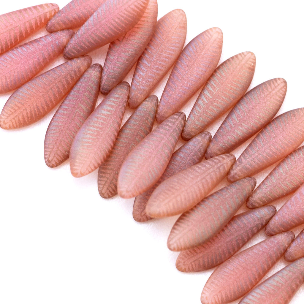 Clearance Sale 20 Rose Opal Laser Tattoo Feather Beads - 16mm X 5mm Czech Pressed Glass - 100% Guarantee