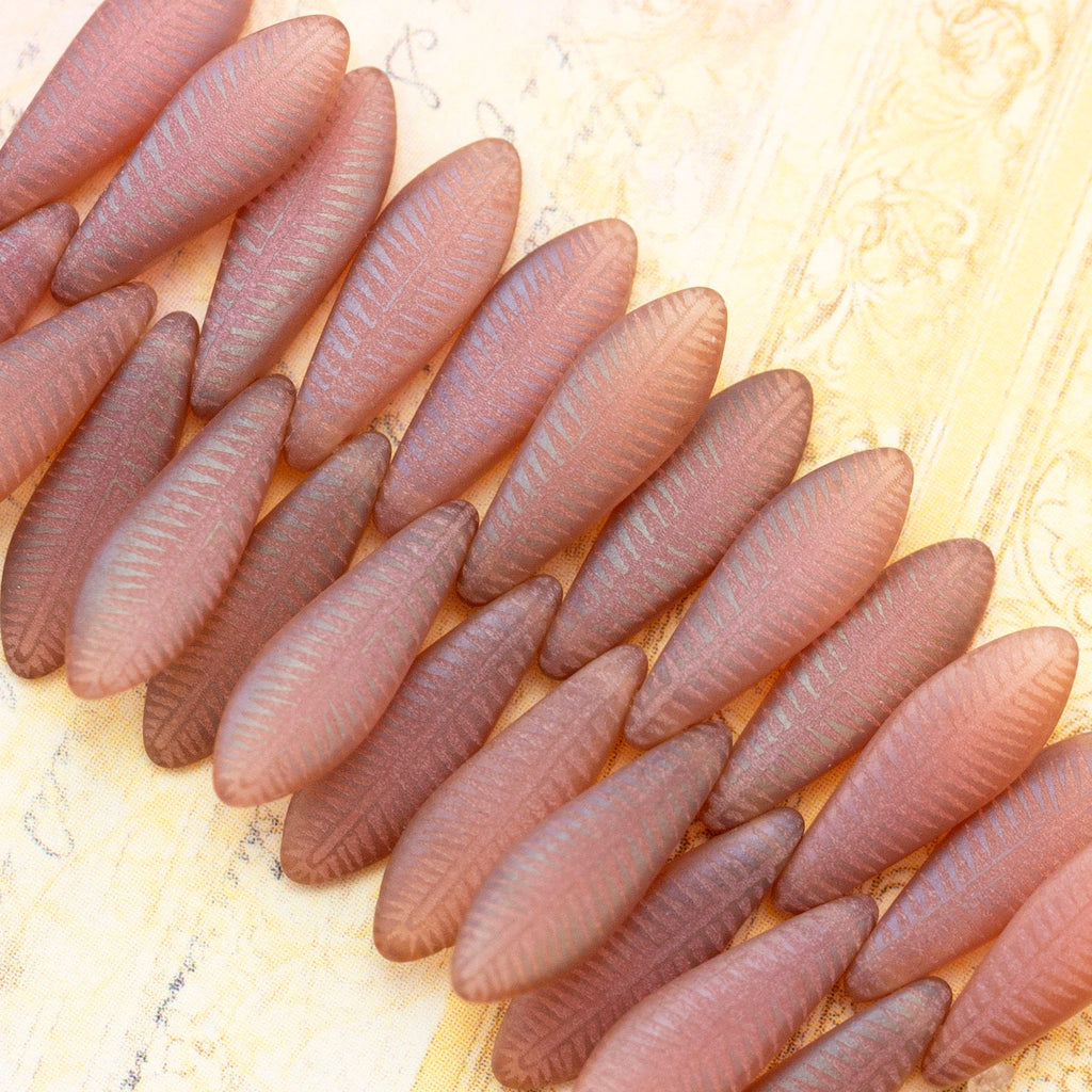 Clearance Sale 20 Rose Opal Laser Tattoo Feather Beads - 16mm X 5mm Czech Pressed Glass - 100% Guarantee