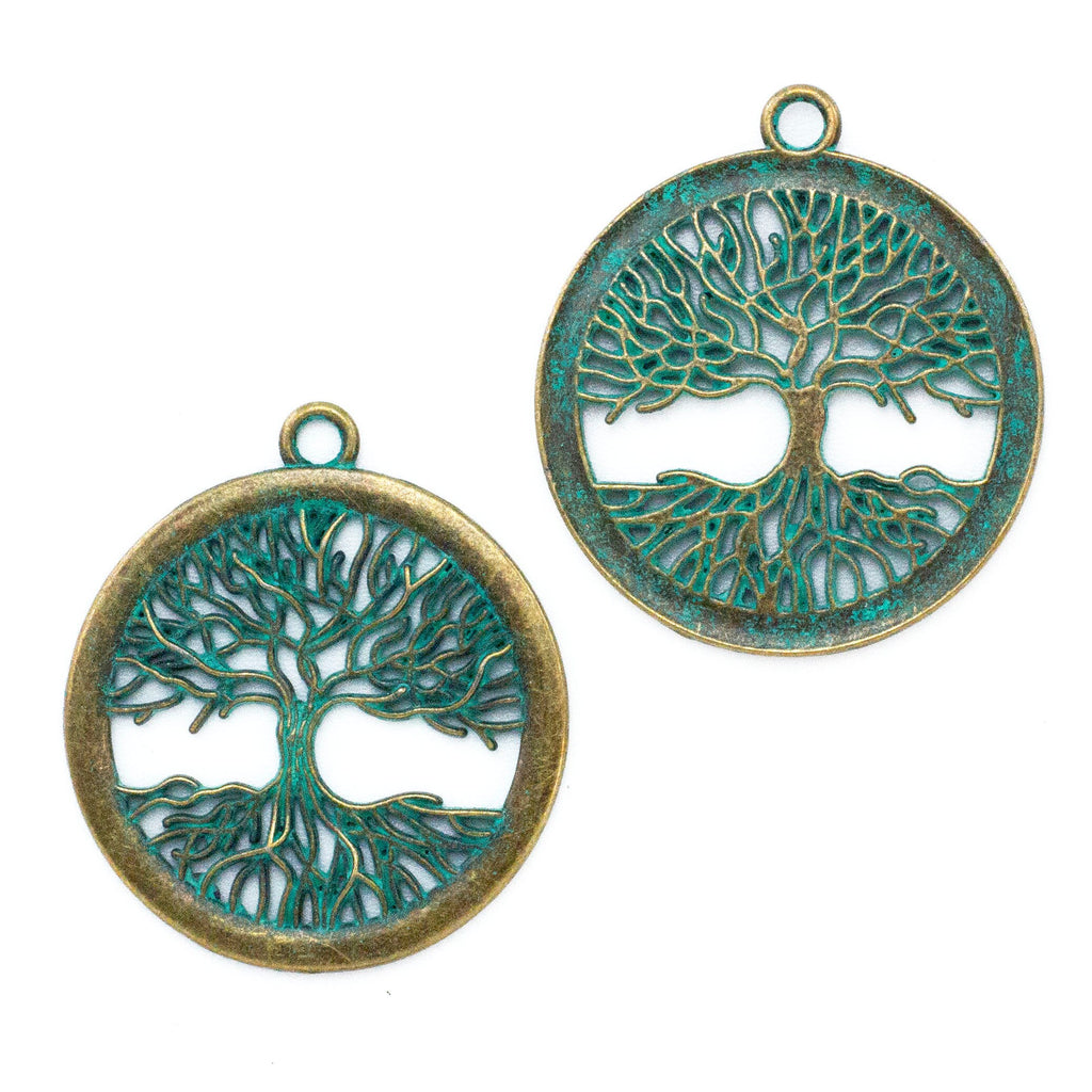 Round Tree of Life Pendant - 42mm in Antique Brass and Blue Green Verdigris Patina