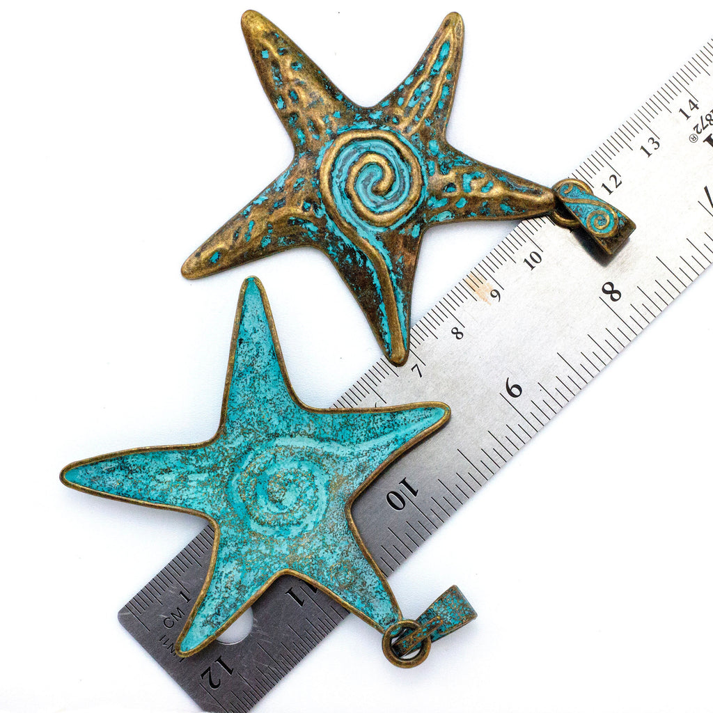 Large Starfish Verdigris Pendant - 67mm - Unique Blue Green Patina