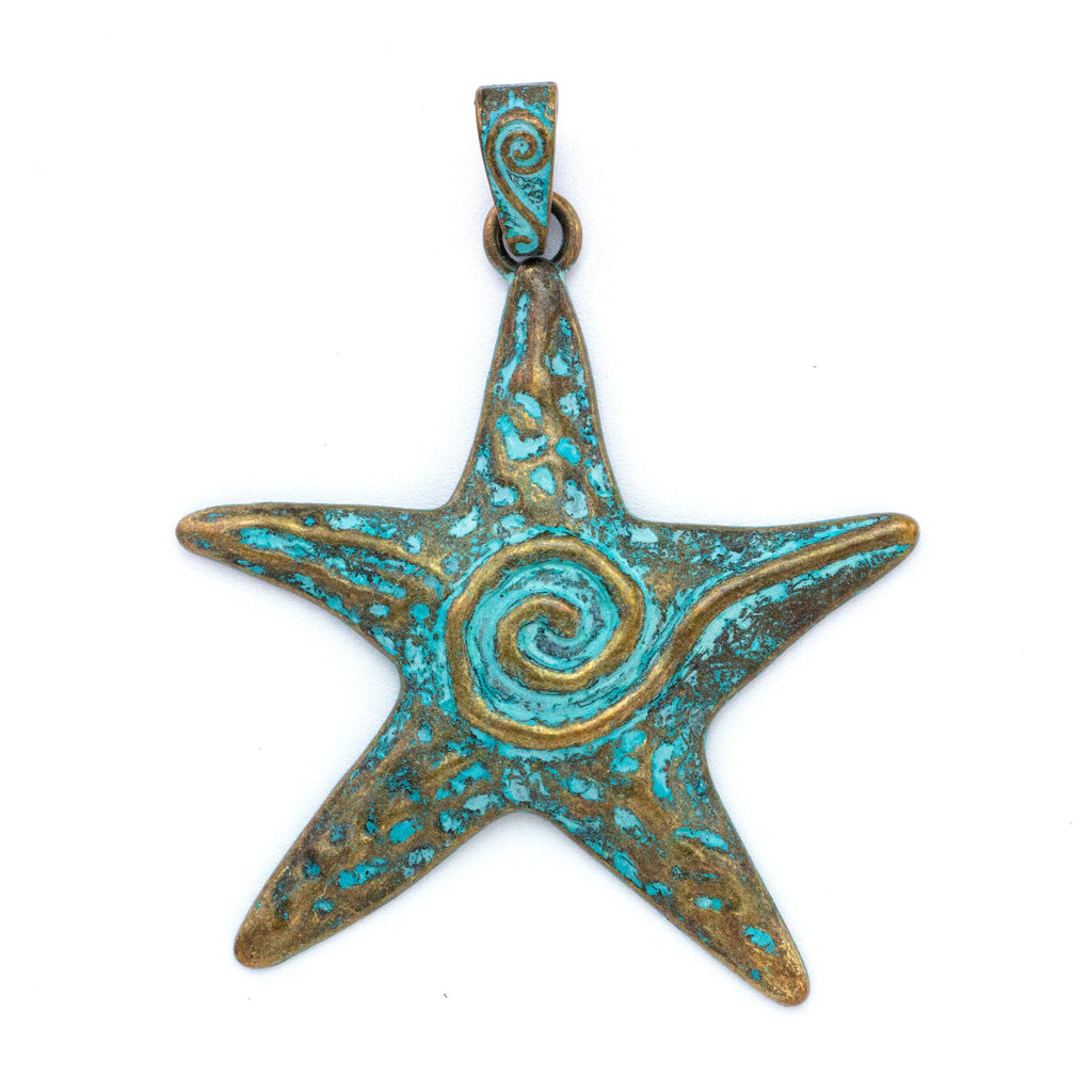 Large Starfish Verdigris Pendant - 67mm - Unique Blue Green Patina