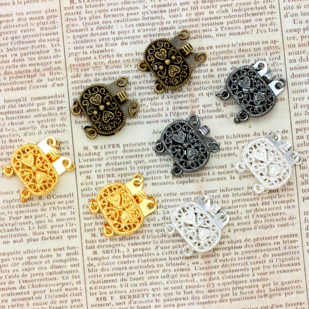 2 Strand Elegant Filigree Box Clasp - Gold Plate. Silver Plate. Gunmetal, Antique Gold, and Antique Silver