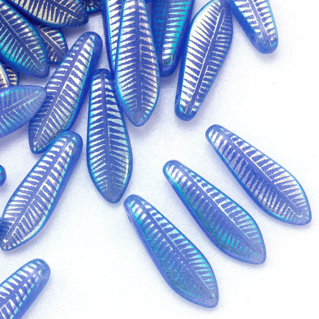 Clearance Sale 20 Blue Opal Laser Tattoo Feather Beads - 16mm X 5mm Czech Pressed Glass - Clearance Sale