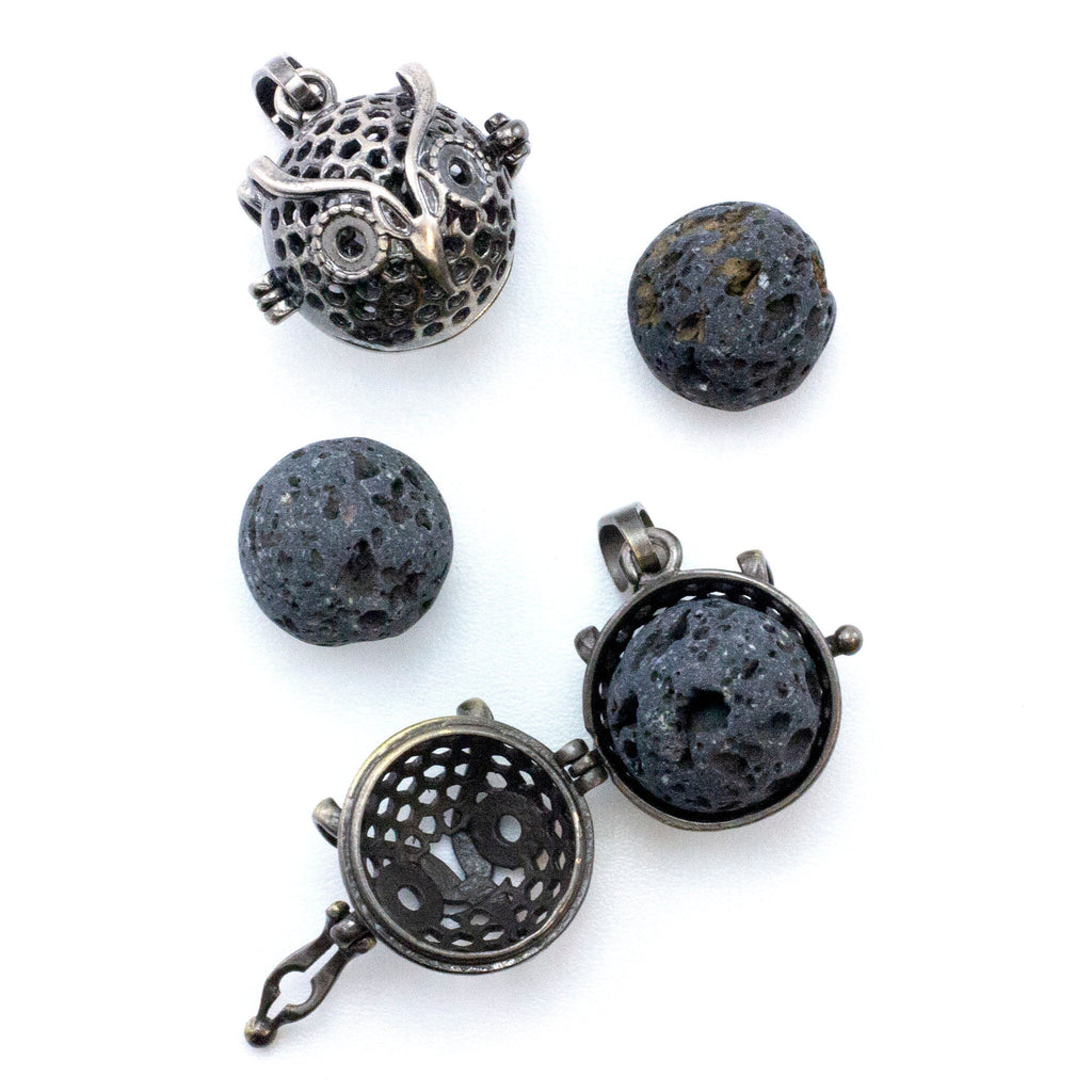 Owl Aromatherapy Locket in Antique Brass and Antique Silver with Free Lava Rock
