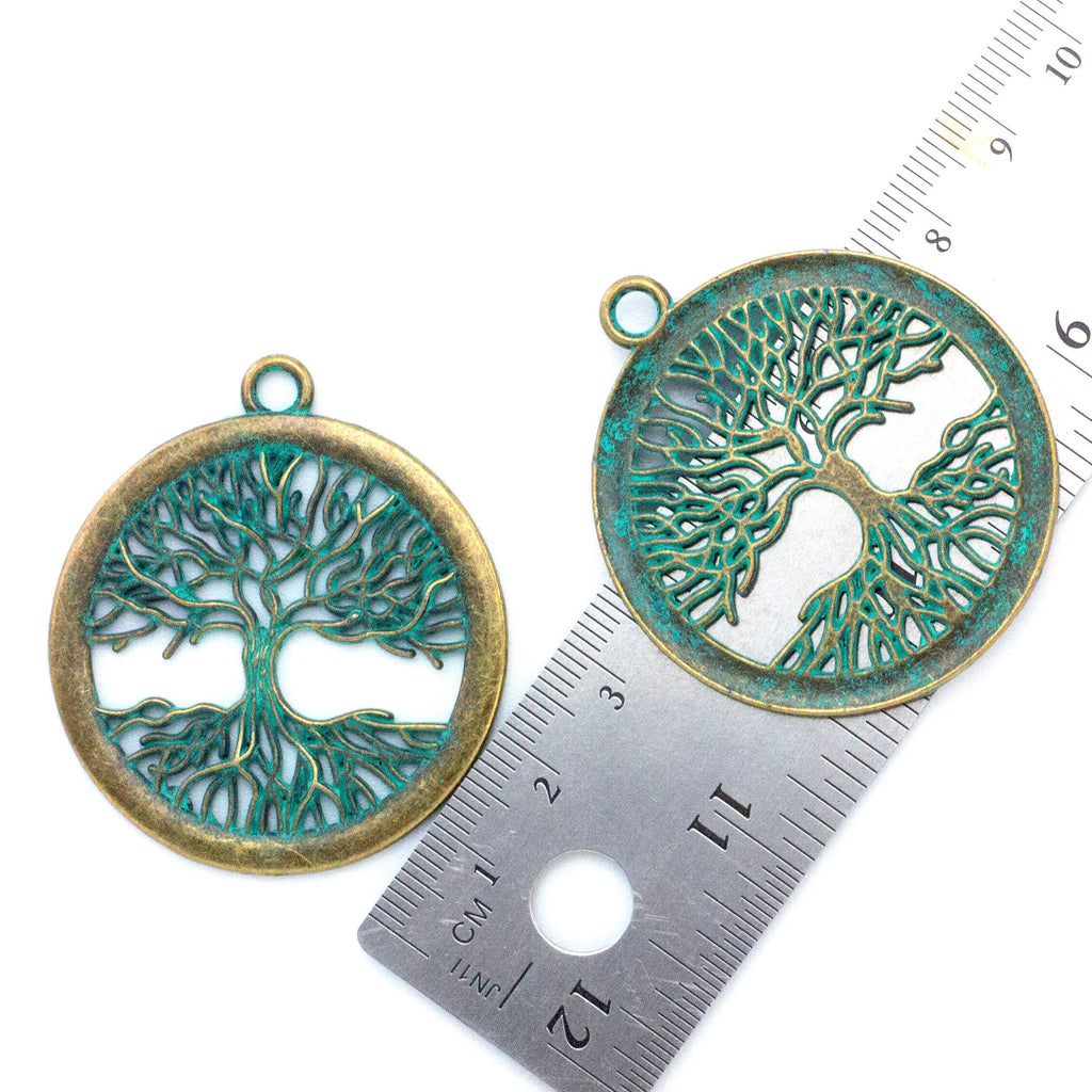 Round Tree of Life Pendant - 42mm in Antique Brass and Blue Green Verdigris Patina