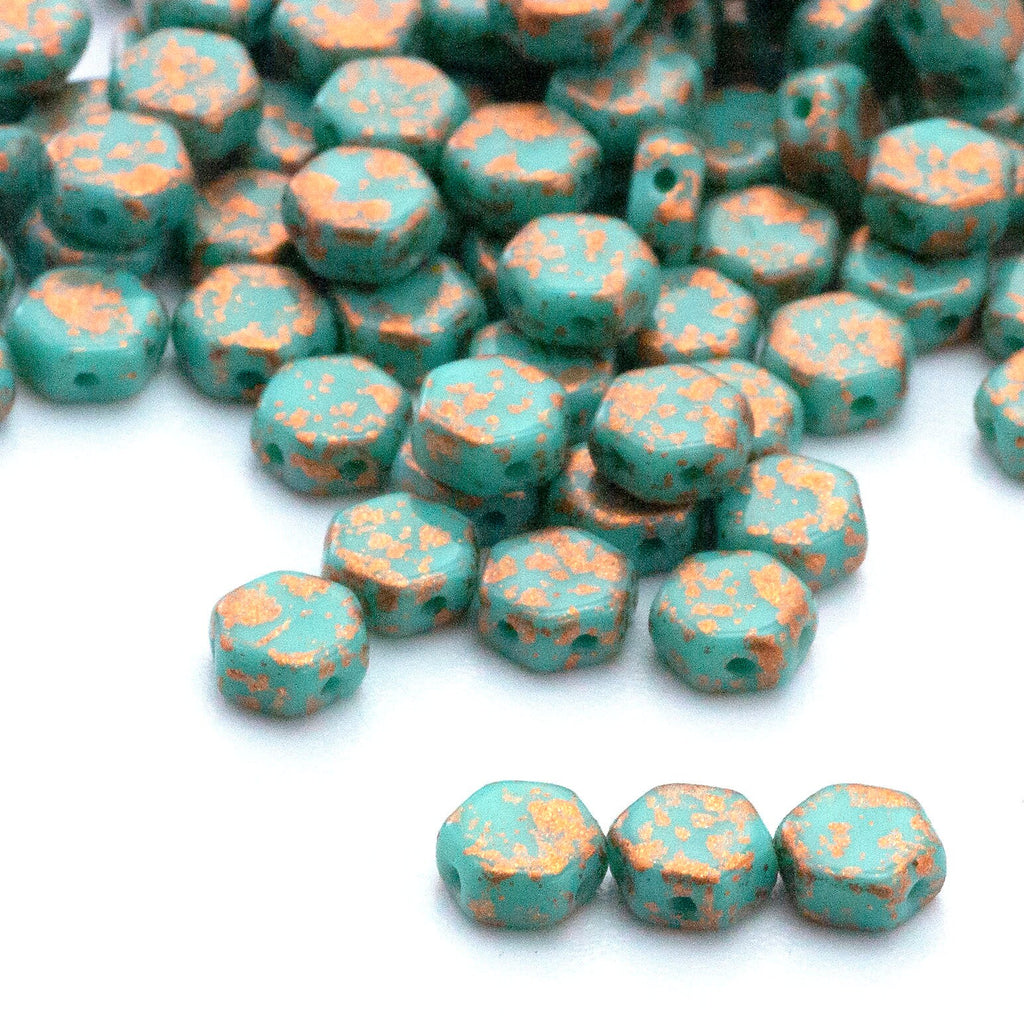 10 Turquoise Green Honeycomb Beads with Copper Splash - 6mm Czech Pressed Glass