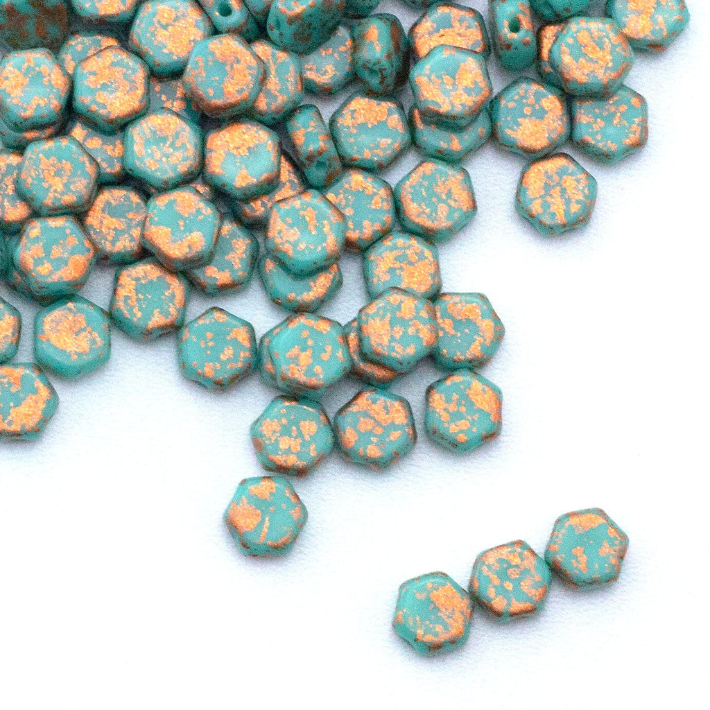 10 Turquoise Green Honeycomb Beads with Copper Splash - 6mm Czech Pressed Glass