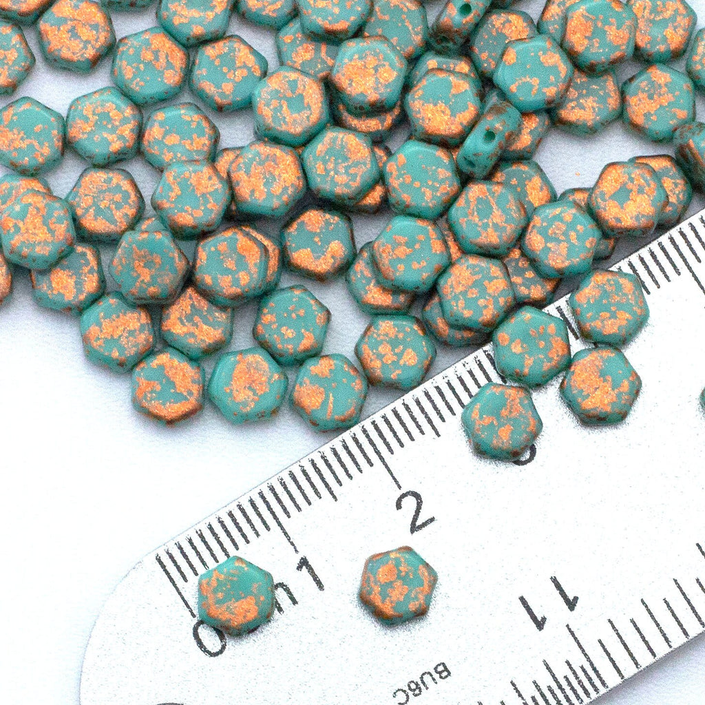 10 Turquoise Green Honeycomb Beads with Copper Splash - 6mm Czech Pressed Glass