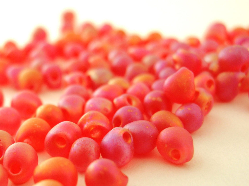 Matte Red Orange AB Miyuki Glass Drop Beads 3mm X 4mm