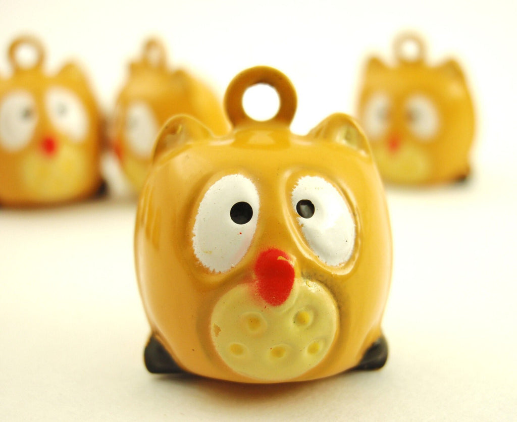 6 Whimsical Wise Old Owl Bells 17mm - Yellow Tan Tone Clearance Sale