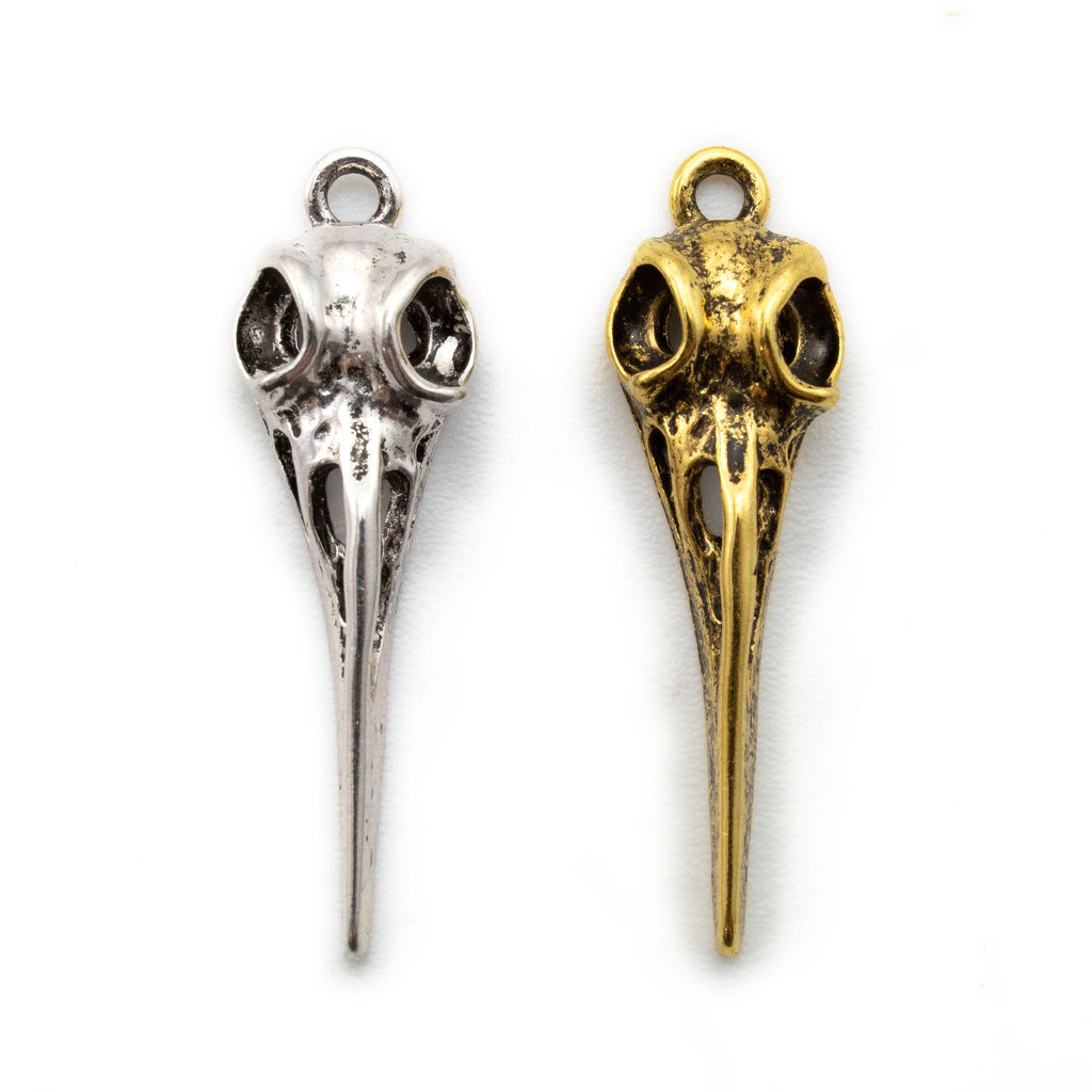 Pewter Bird Skull Pendant - Antique Gold or Antique Silver Finish - Single, Bulk, or Pendant Kits