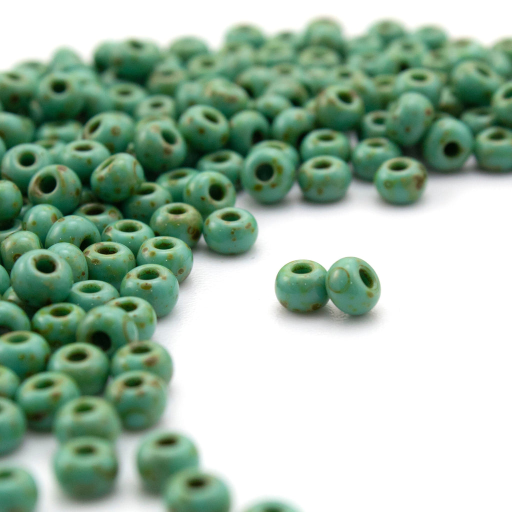 5/0 Turquoise Green Dark Travertine Czech Beads - 100% Guarantee 100 grams - 4.5mm X 3.1mm