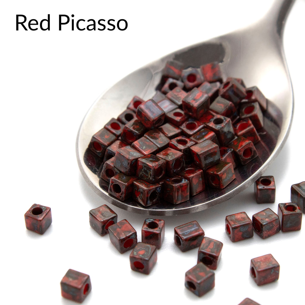 50 Picasso Miyuki 4mm Cube Beads in Transparent Light Topaz, Transpatent Dark Topaz, Opaque Red, Opaque Black