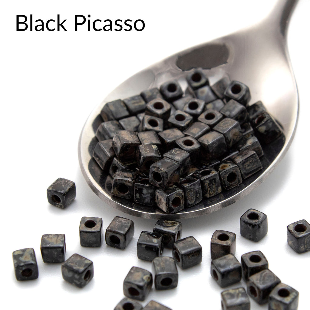 50 Picasso Miyuki 4mm Cube Beads in Transparent Light Topaz, Transpatent Dark Topaz, Opaque Red, Opaque Black